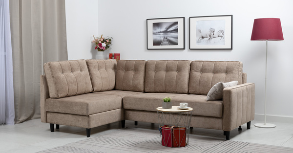 Диван-кровать угловой Арно ТД 565 велюр Лаки 04 песочный, Vertical 910 молочно-серый, сборка на любую сторону