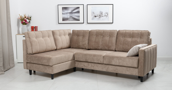 Диван-кровать угловой Арно ТД 565 велюр Лаки 04 песочный, Vertical 910 молочно-серый, сборка на любую сторону