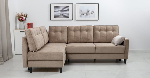 Диван-кровать угловой Арно ТД 565 велюр Лаки 04 песочный, Vertical 910 молочно-серый, сборка на любую сторону