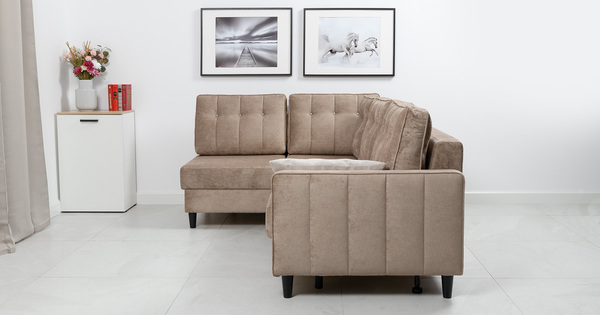 Диван-кровать угловой Арно ТД 565 велюр Лаки 04 песочный, Vertical 910 молочно-серый, сборка на любую сторону