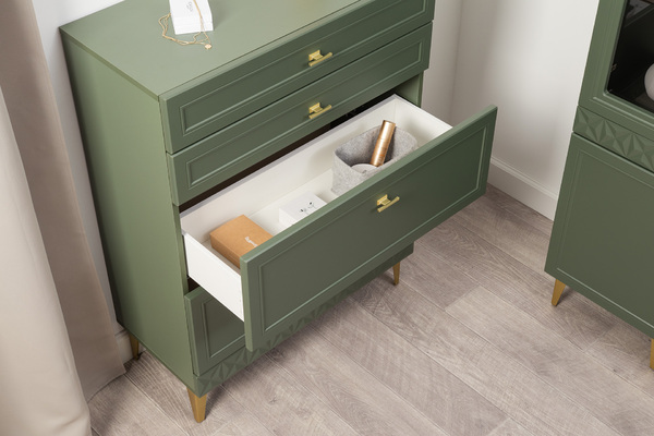 Комод Марион 16.249 дымчатый зеленый K521, олива шагрень AG 1050 ПВХ, белый PE шагрень