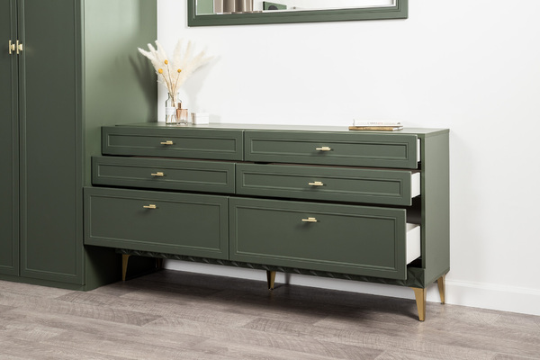 Комод Марион 16.256 дымчатый зеленый K521, олива шагрень AG 1050 ПВХ, белый PE шагрень