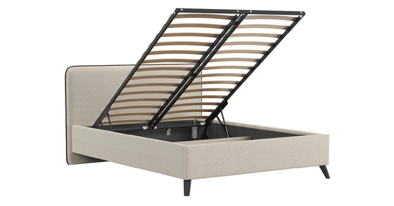 Кровать Миа 140 рогожка светло-бежевый, кант желтовато-коричневый с ортопедическим основанием и подъемным механизмом