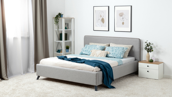 Кровать Миа 160 рогожка серый, кант желтовато-коричневый с ортопедическим основанием и подъемным механизмом