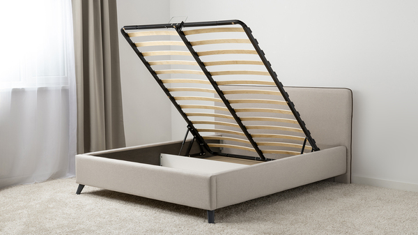 Кровать Миа 160 рогожка светло-бежевый, кант желтовато-коричневый с ортопедическим основанием и подъемным механизмом