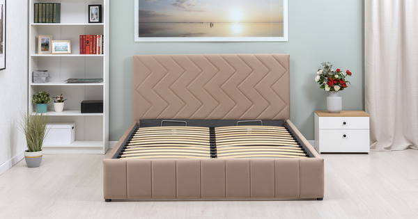 Кровать Милана 160 велюр бежевый кофейный с ортопедическим основанием и подъемным механизмом