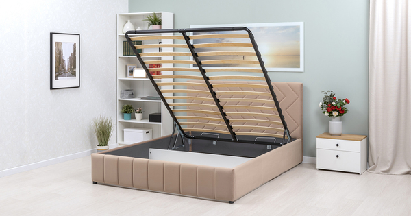 Кровать Милана 160 велюр бежевый кофейный с ортопедическим основанием и подъемным механизмом